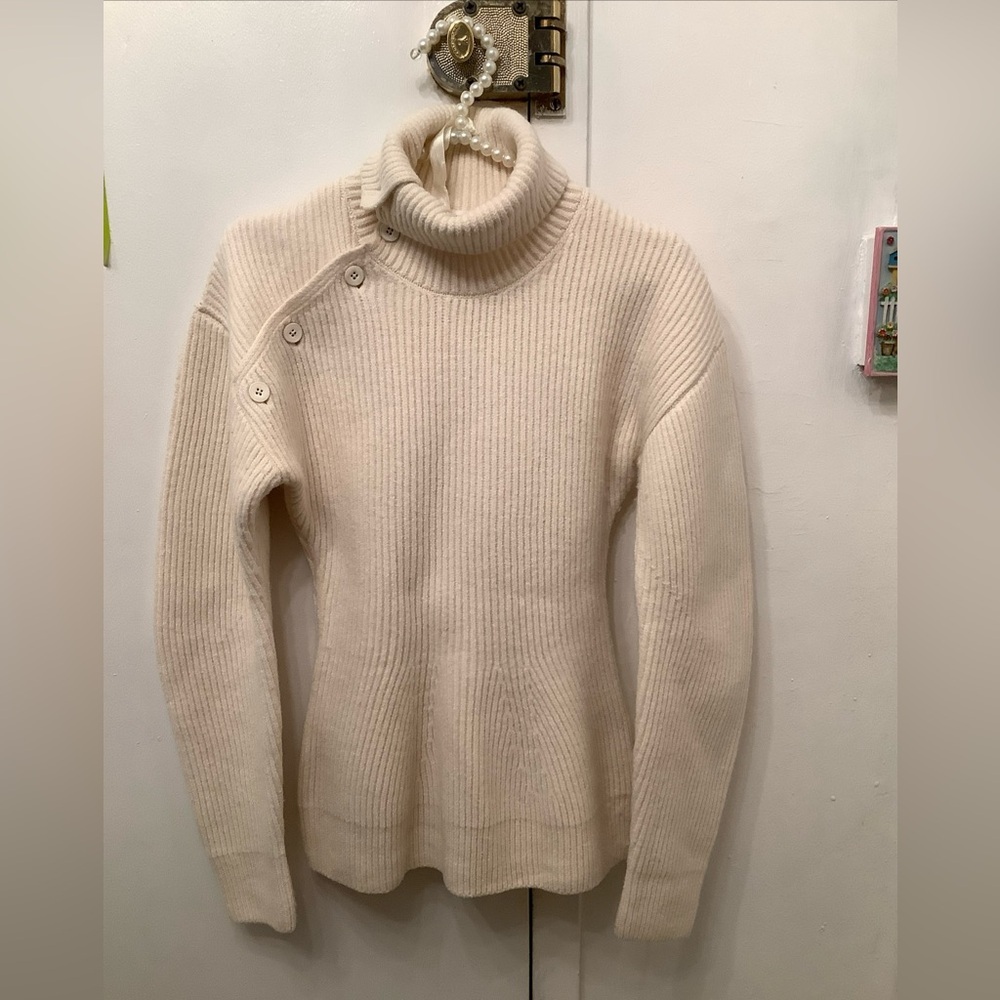 Jil Sander Asymmetric Button Turtleneck Knit Sweater Ivory Long Sleeve Sz 34-S/M - Picture 2 of 16